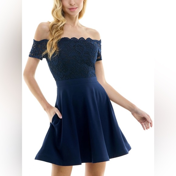 City Studios Juniors' Off-The-Shoulder Fit Flare Dress - Picture 1 of 9